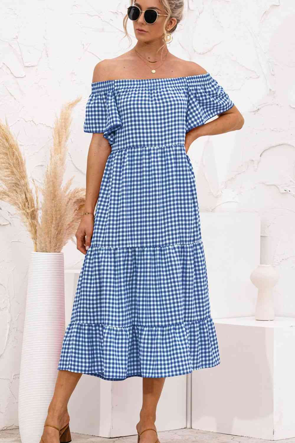 Plaid Off-Shoulder Tiered Midi Dress