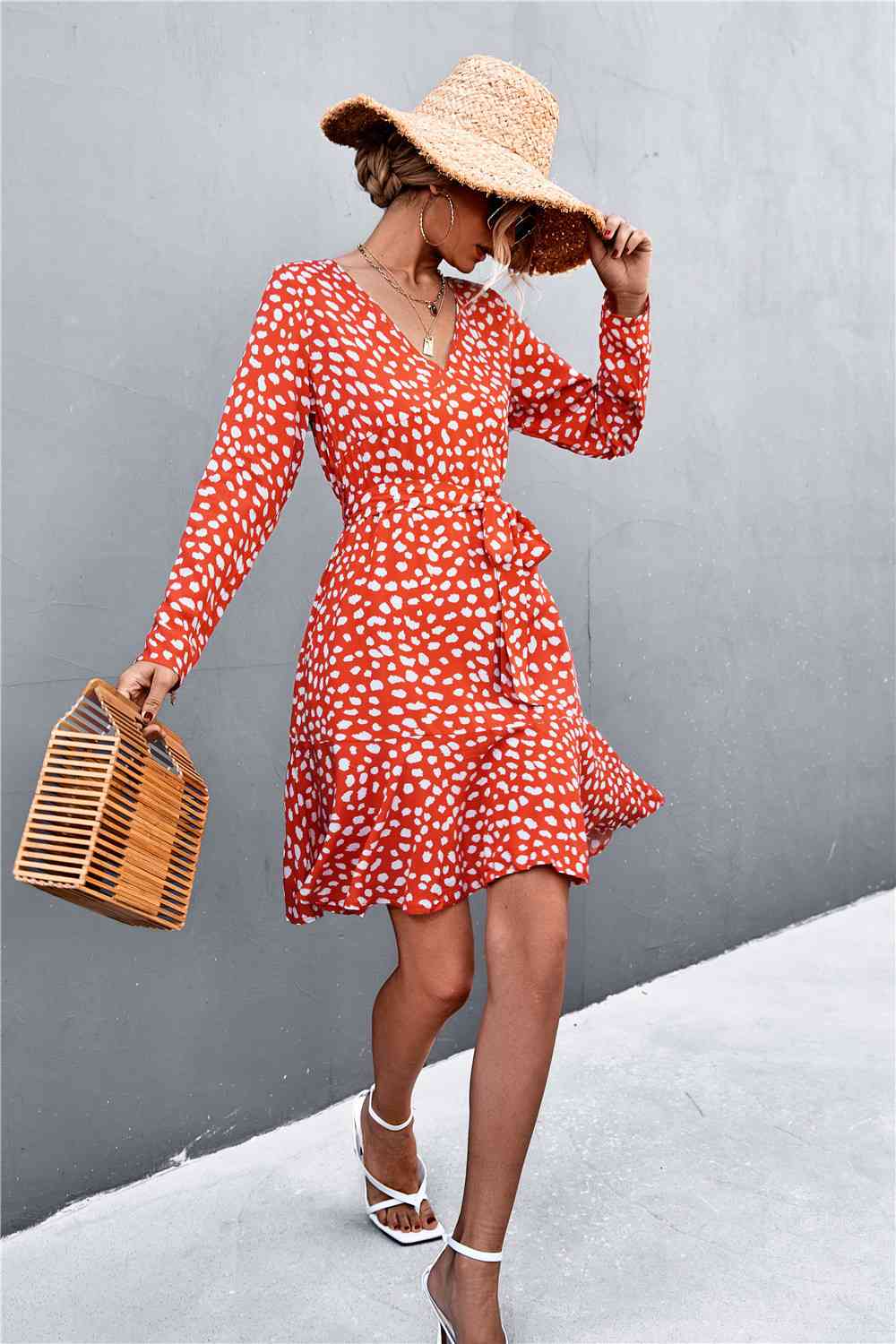 Printed V-Neck Tie Belt Ruffle Hem Mini Dress