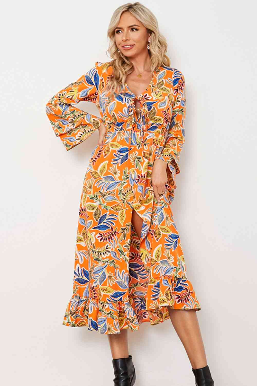 Printed Layered Flare Sleeve Split Tied Dress