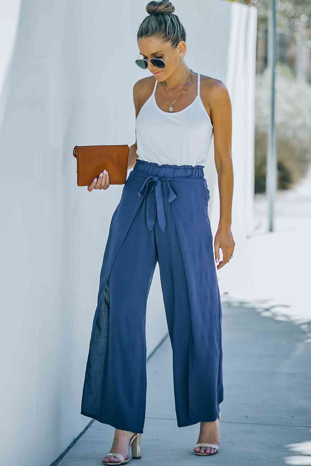 Paperbag Waist Tie Front Wide Leg Pants