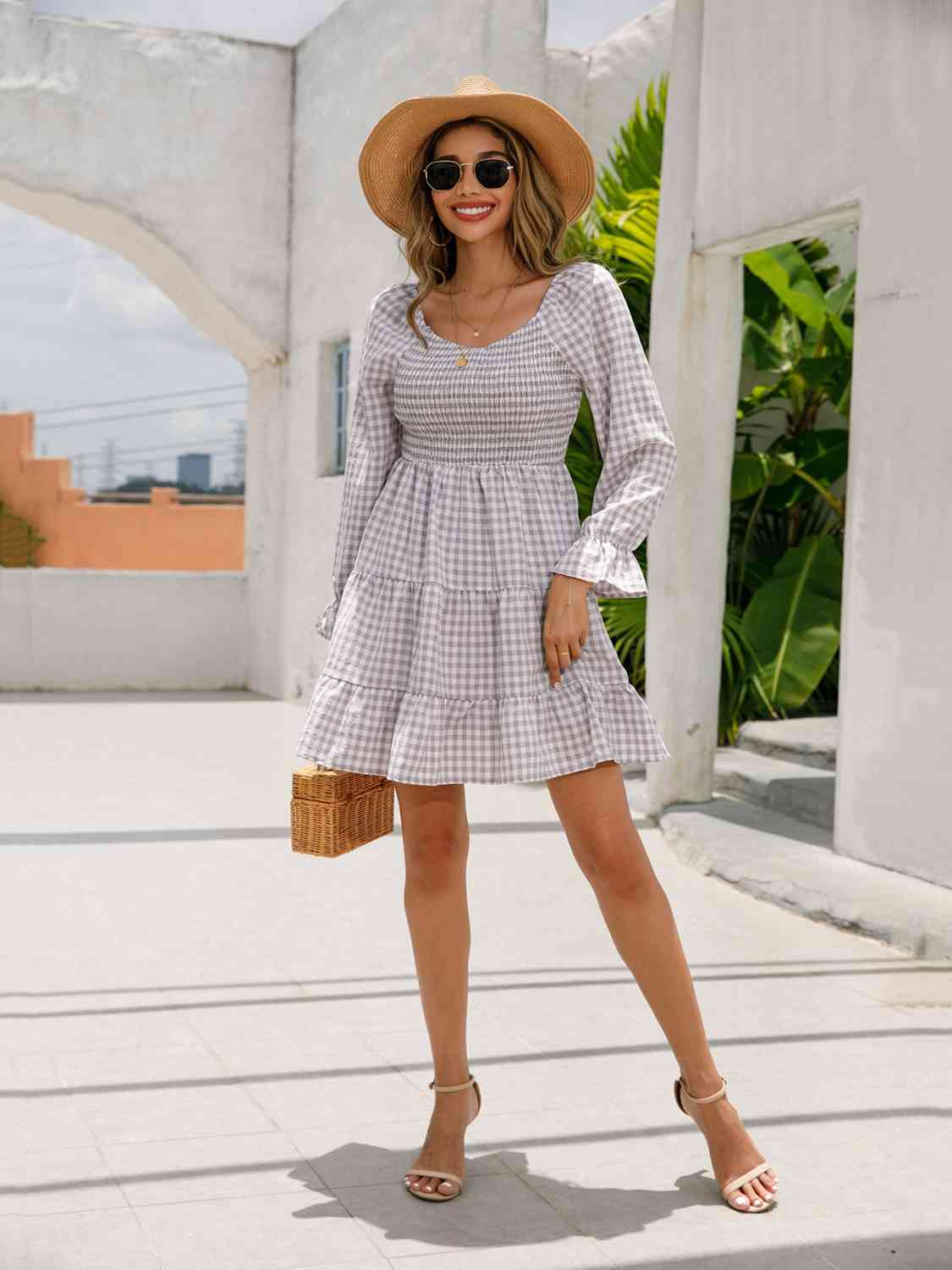 Plaid Flounce Sleeve Mini Dress