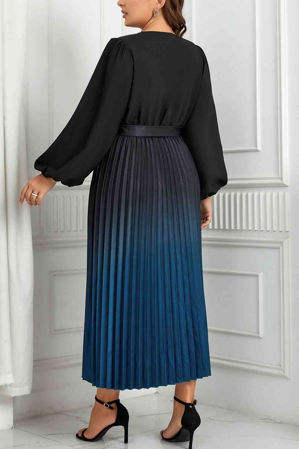 Plus Size V-Neck Long Sleeve Pleated Tie Waist Midi Dress