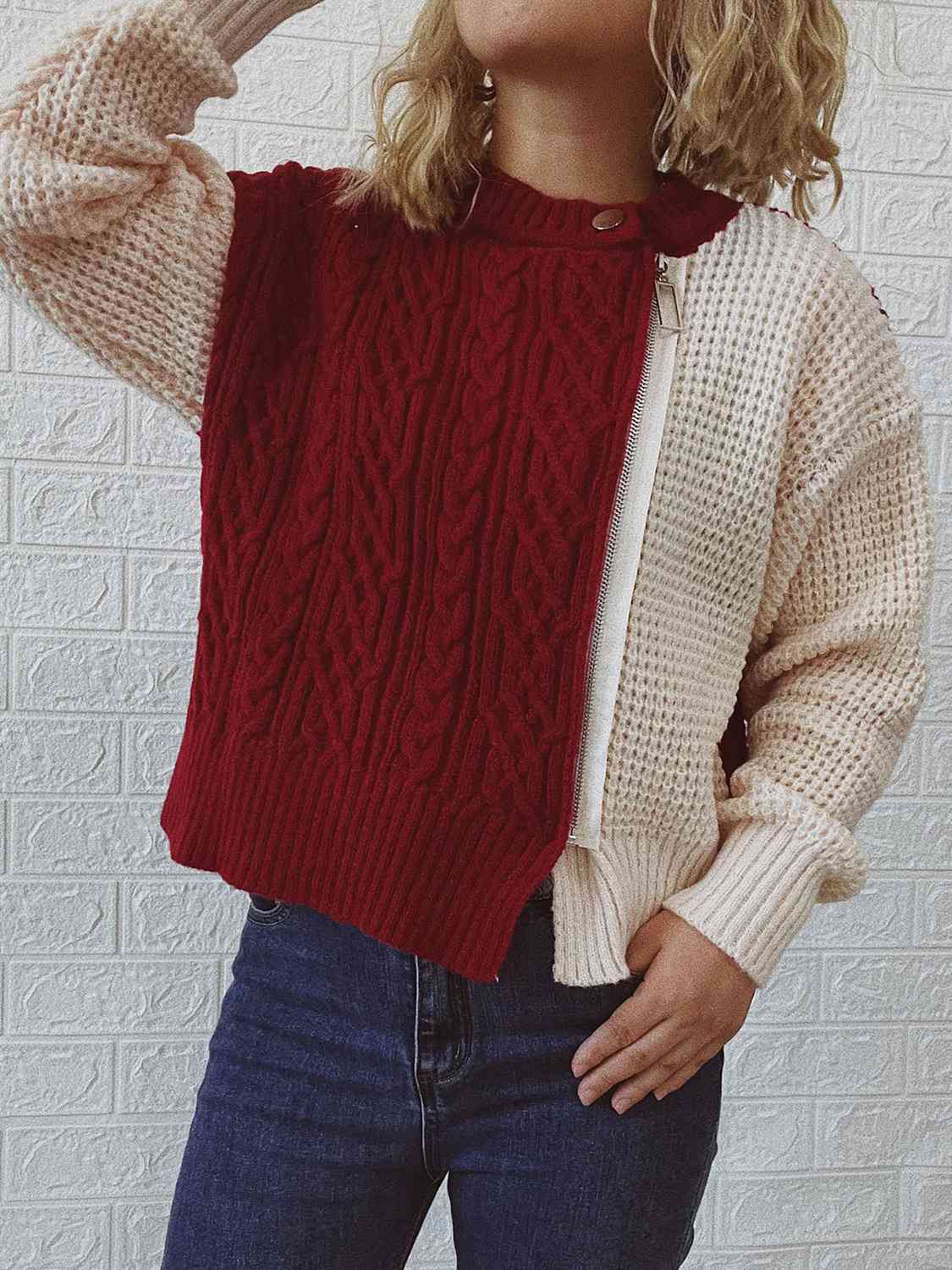 Cable-Knit Contrast Zip-Up Cardigan