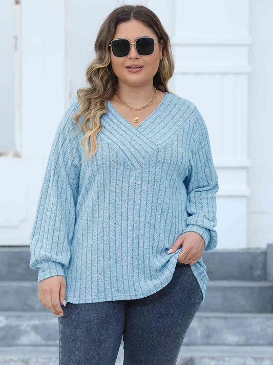 Plus Size Ribbed V-Neck Long Sleeve Top