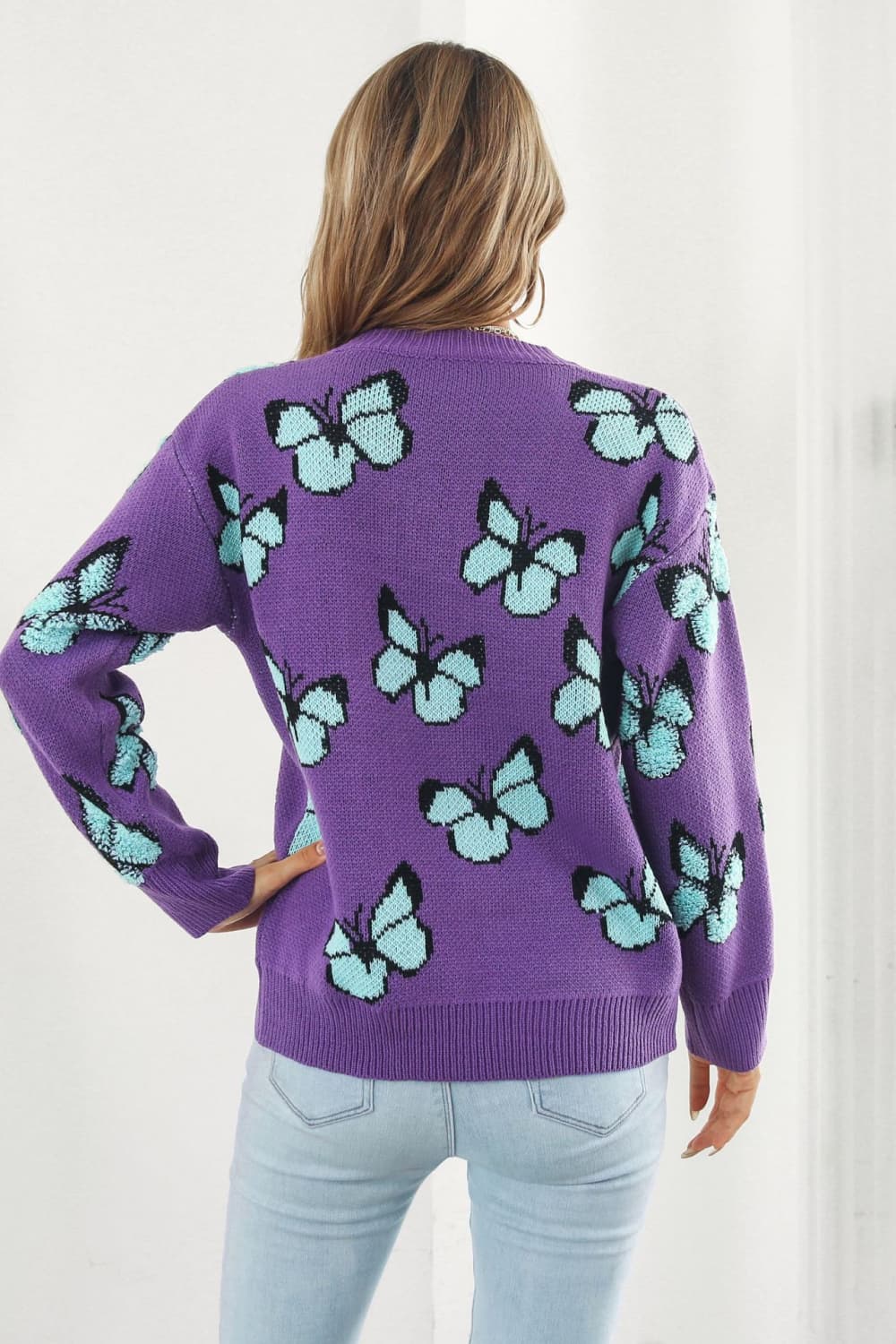 Butterfly Pattern Round Neck Dropped Shoulder Sweater