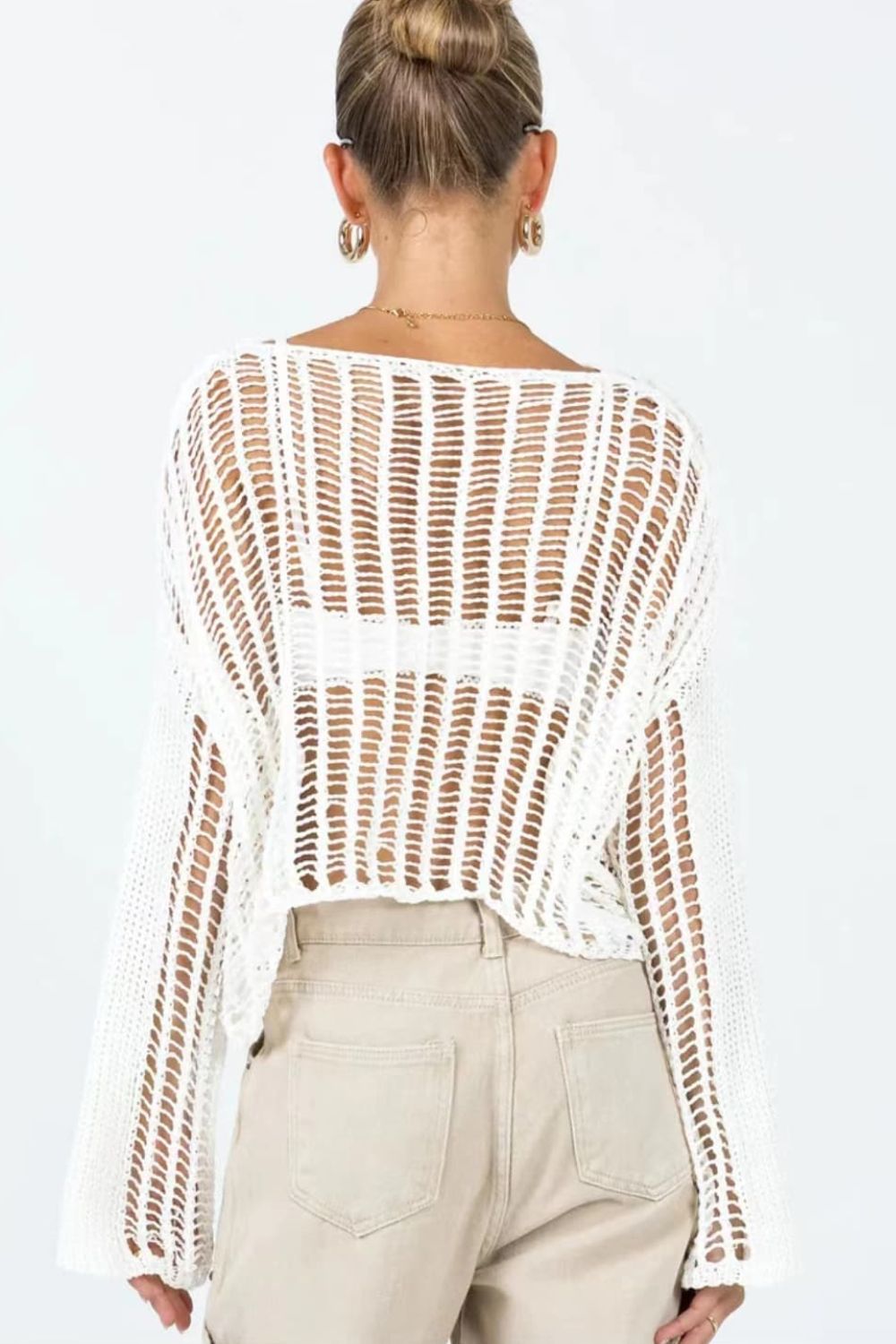 Openwork Boat Neck Long Sleeve Cover Up