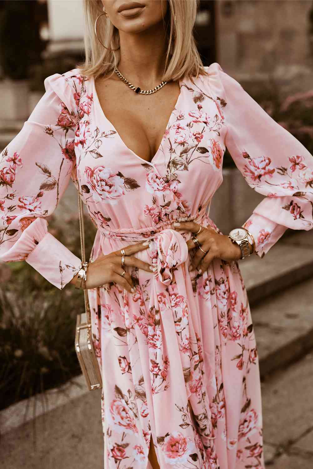 Floral Tie Belt Bishop Sleeve Slit Maxi Dress