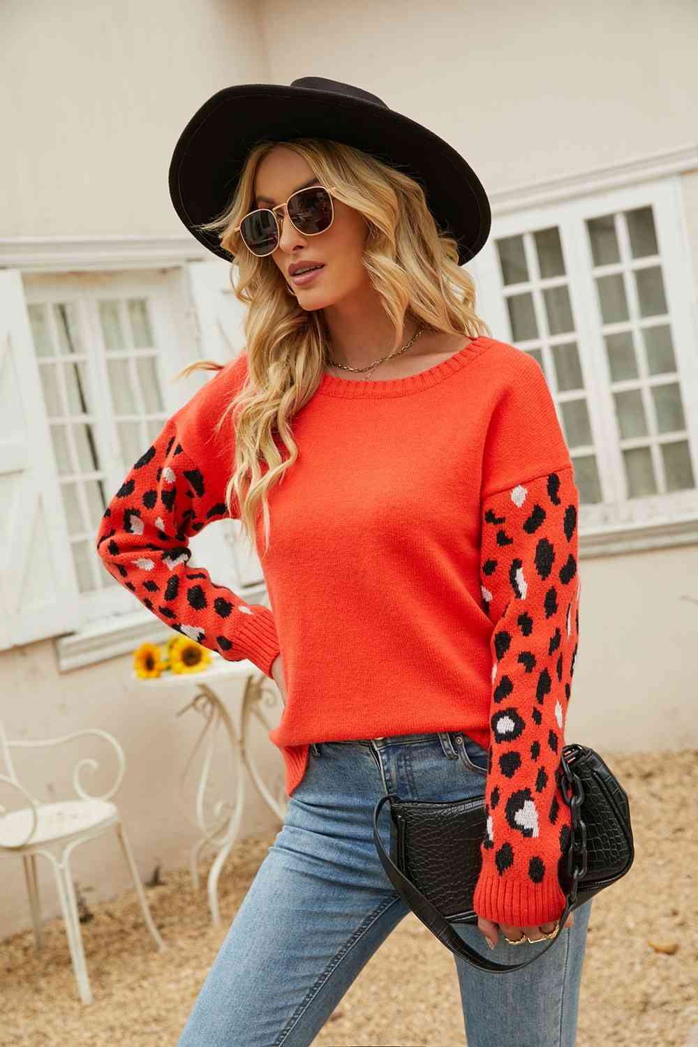 Woven Right Printed Dropped Shoulder Round Neck Sweater