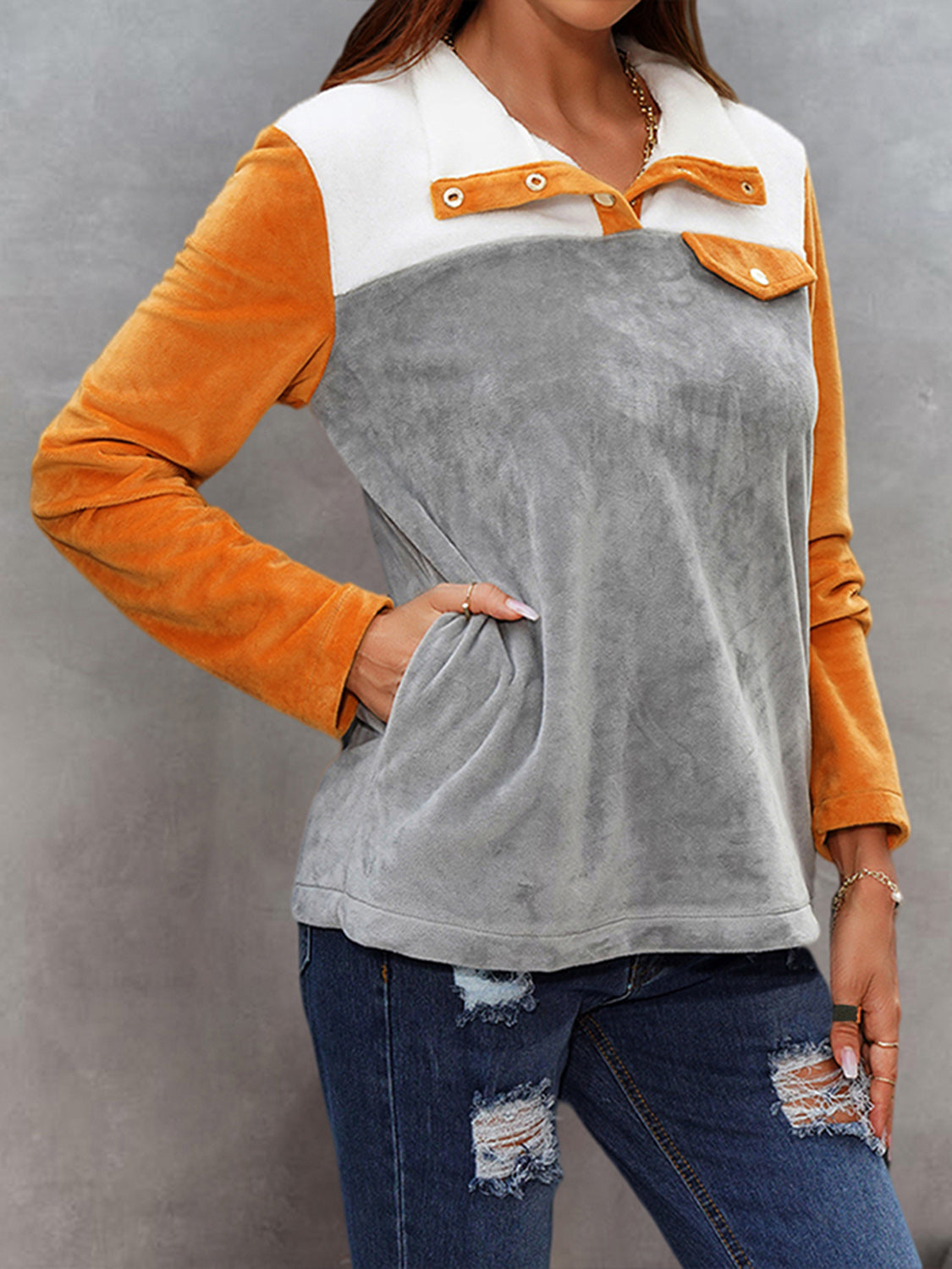 Color Block Collared Sweatshirt with Pockets