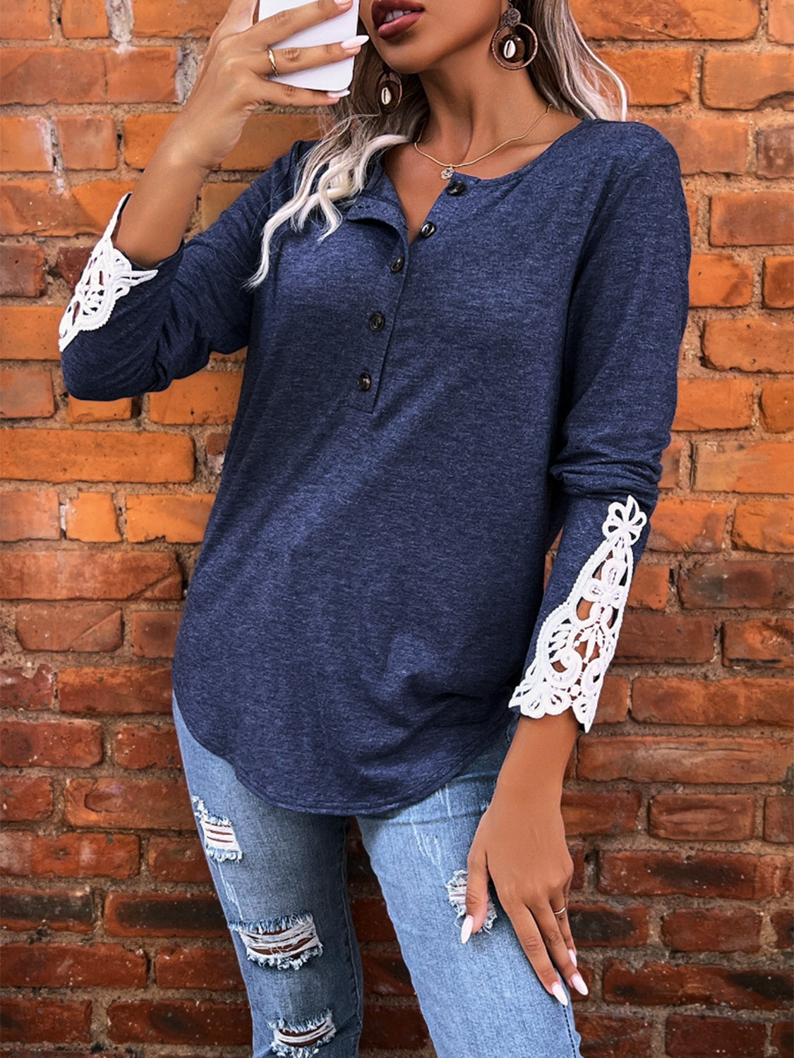 Half Button Lace Detail T-Shirt