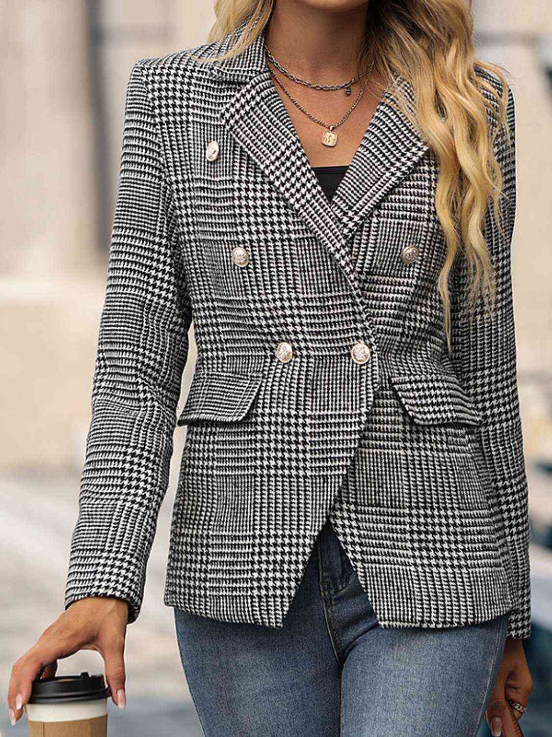 Houndstooth Buttoned Long Sleeve Blazer