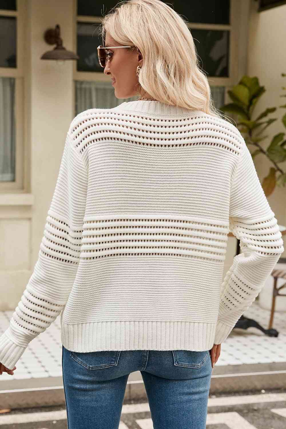 Round Neck Openwork Long Sleeve Pullover Sweater