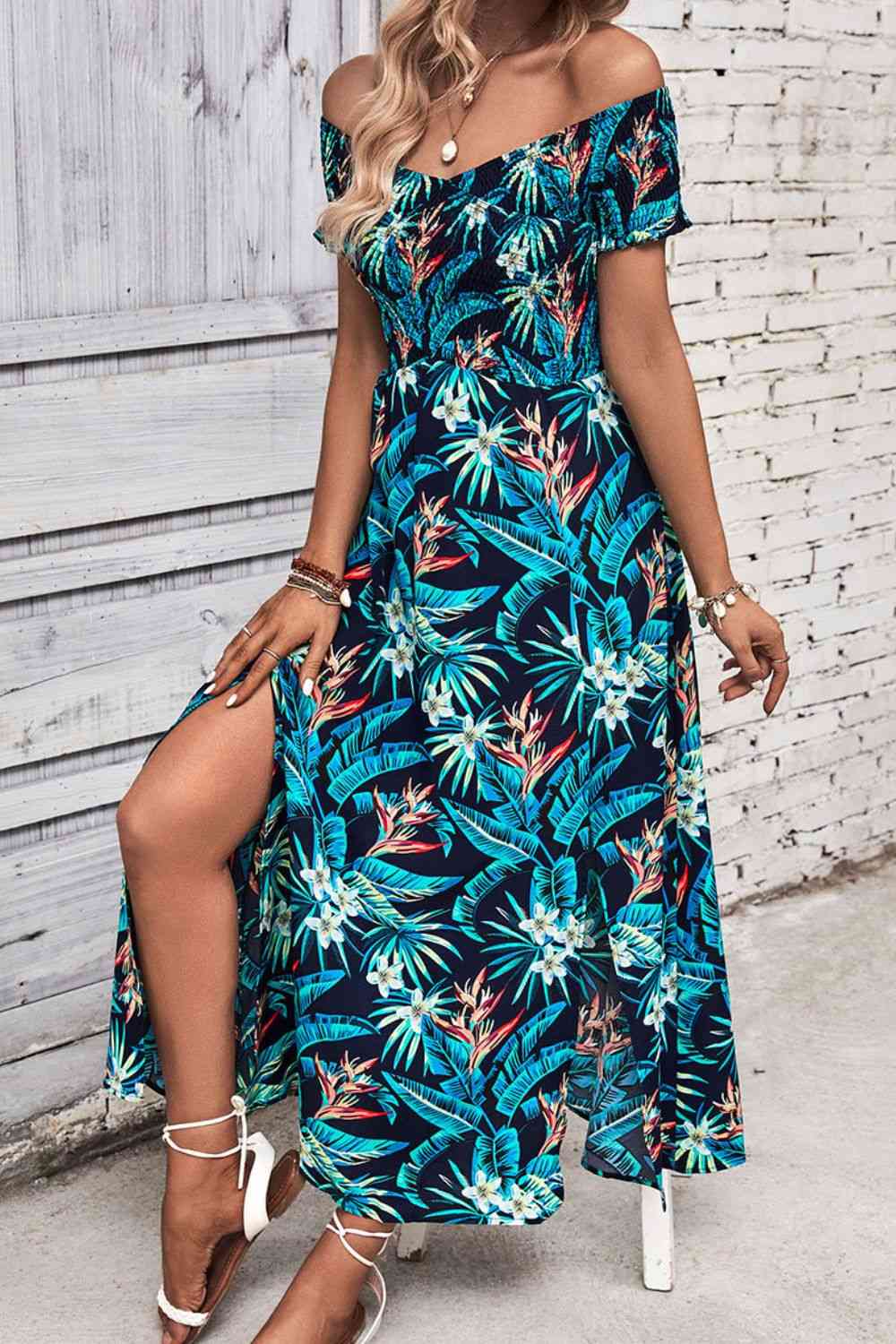 Floral Off-Shoulder Slit Dress