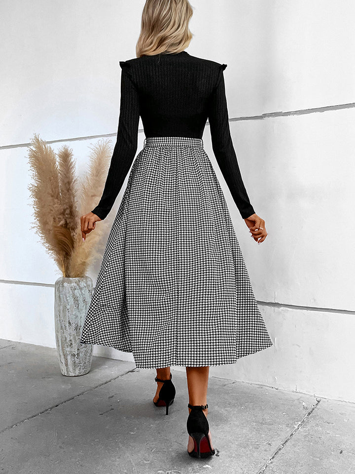 Ribbed Round Neck Long Sleeve Tie Waist Midi Dress