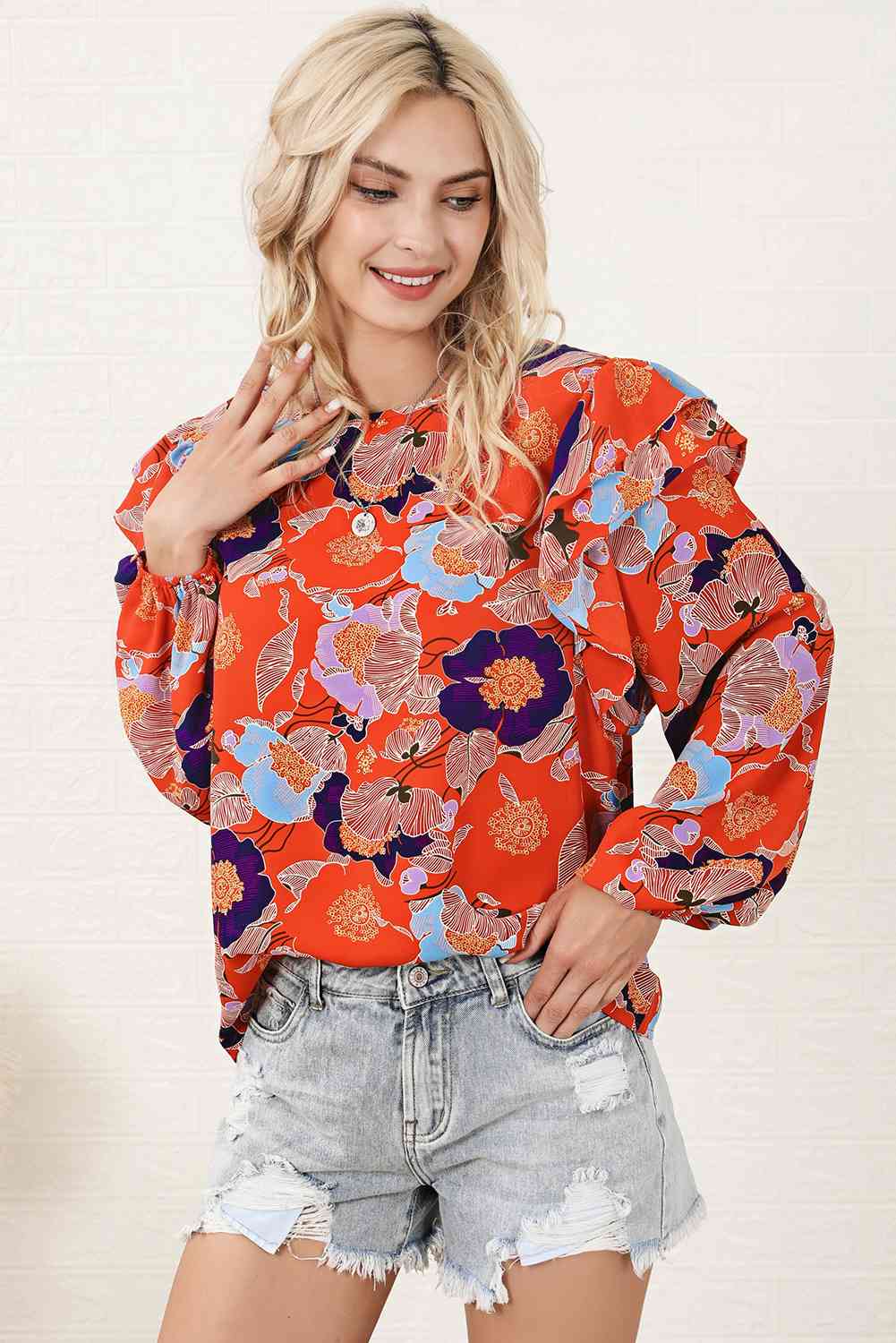 Floral Round Neck Ruffled Blouse