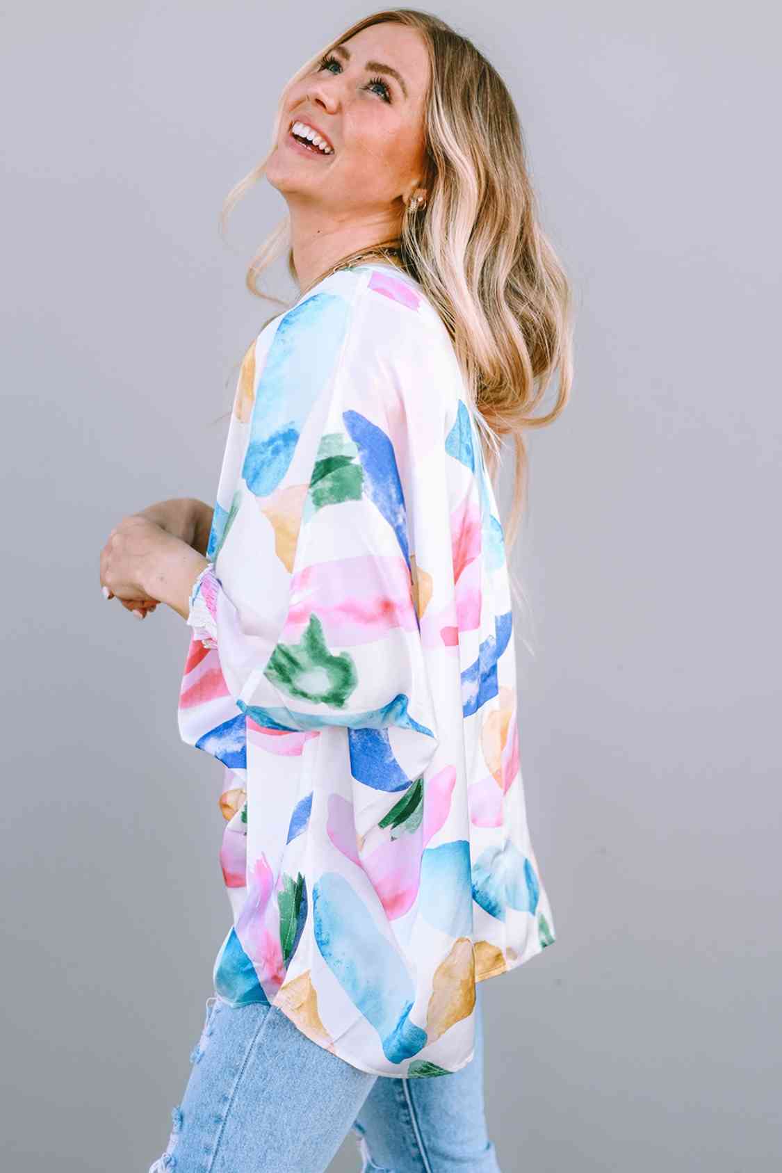 Printed Round Neck Smocked Lantern Sleeve Blouse