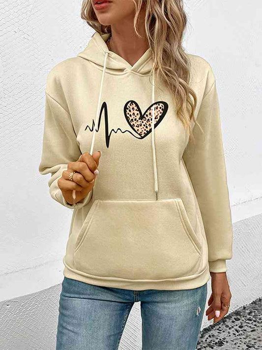 Dropped Shoulder Front Pocket Heart Graphic Hoodie