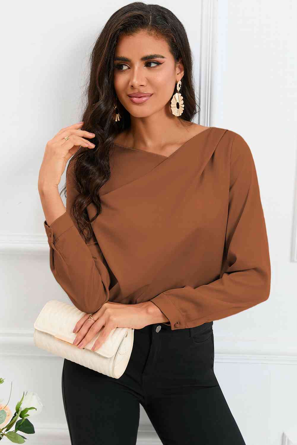 Surplice Neck Long Sleeve Satin Blouse