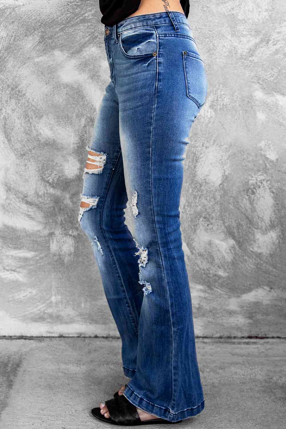 Baeful Distressed Flare Leg Jeans with Pockets