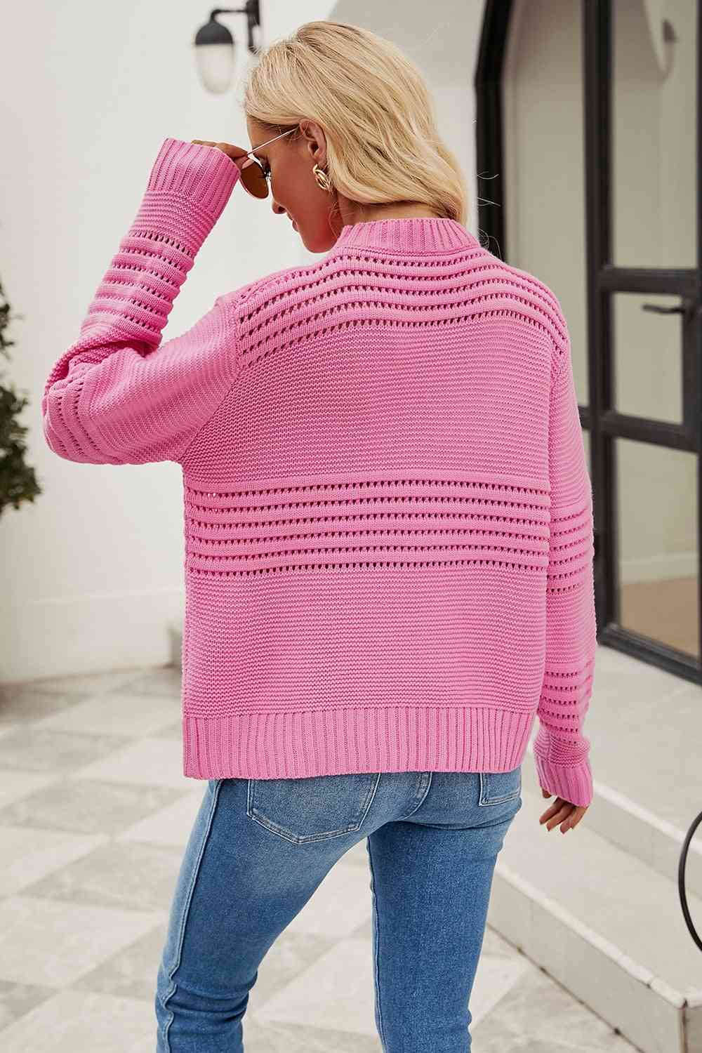 Round Neck Openwork Long Sleeve Pullover Sweater