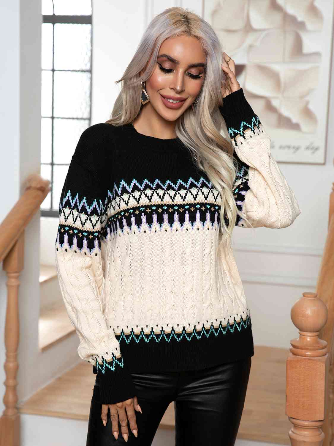 Round Neck Cable-Knit Sweater