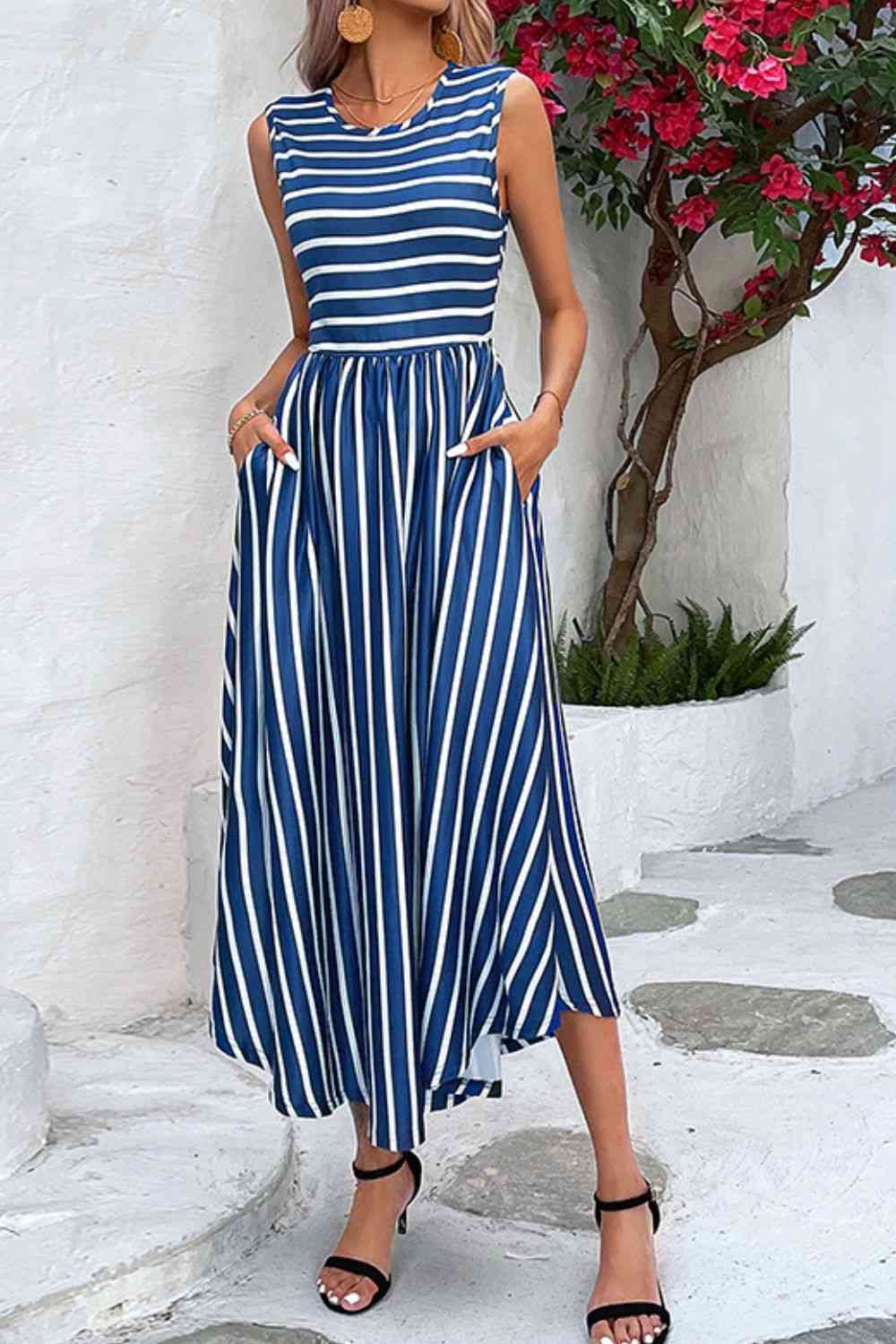 Striped Round Neck Sleeveless Dress with Pockets