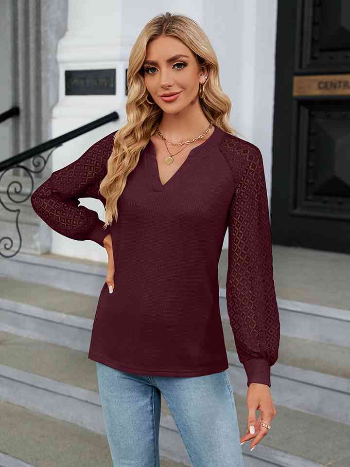 Notched Neck Raglan Sleeve Blouse