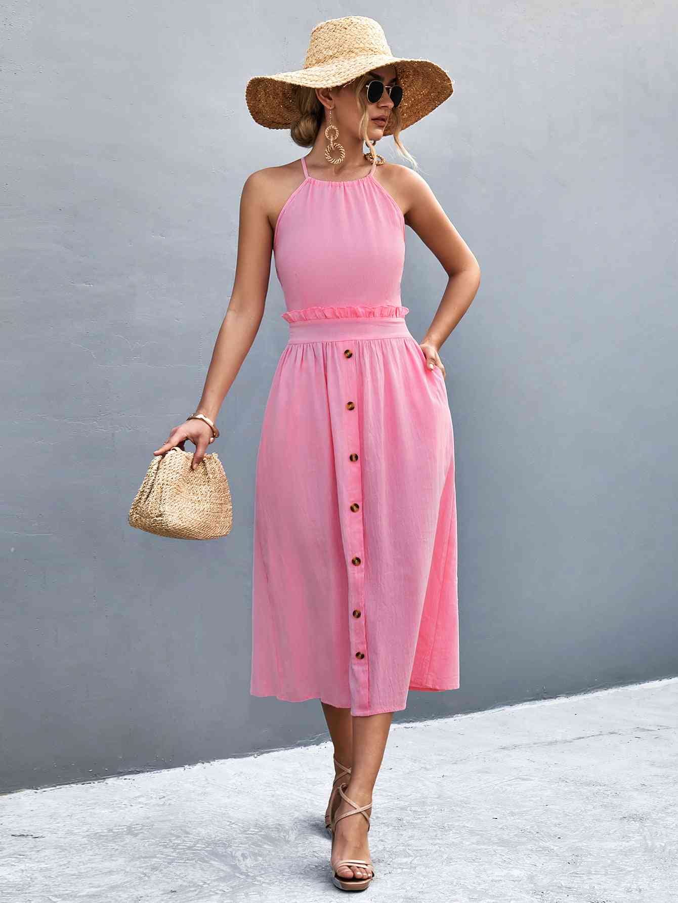 Buttoned Halter Neck Frill Trim Midi Dress