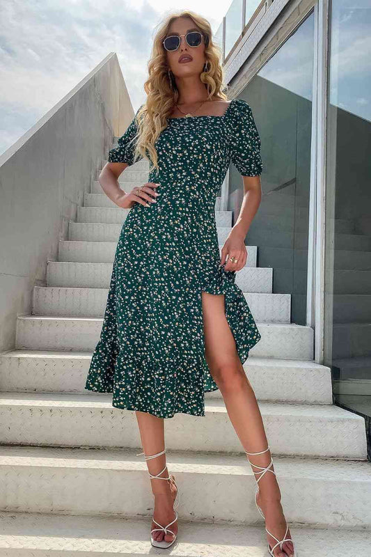 Floral Square Neck Slit Dress