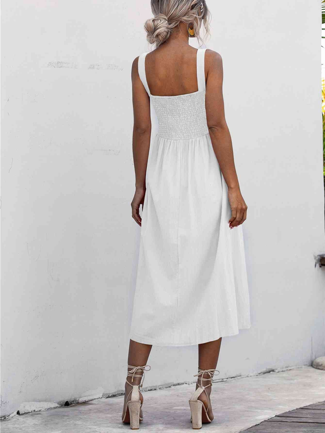 Square Neck Sleeveless Smocked Midi Dress