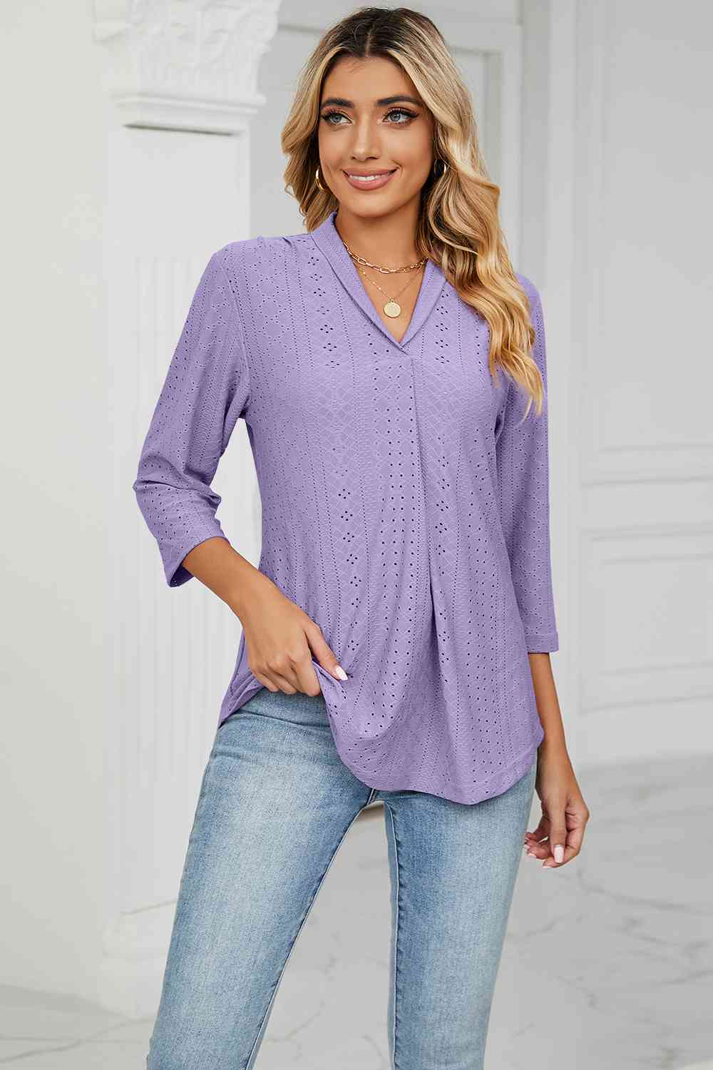 Eyelet Three-Quarter Sleeve Blouse