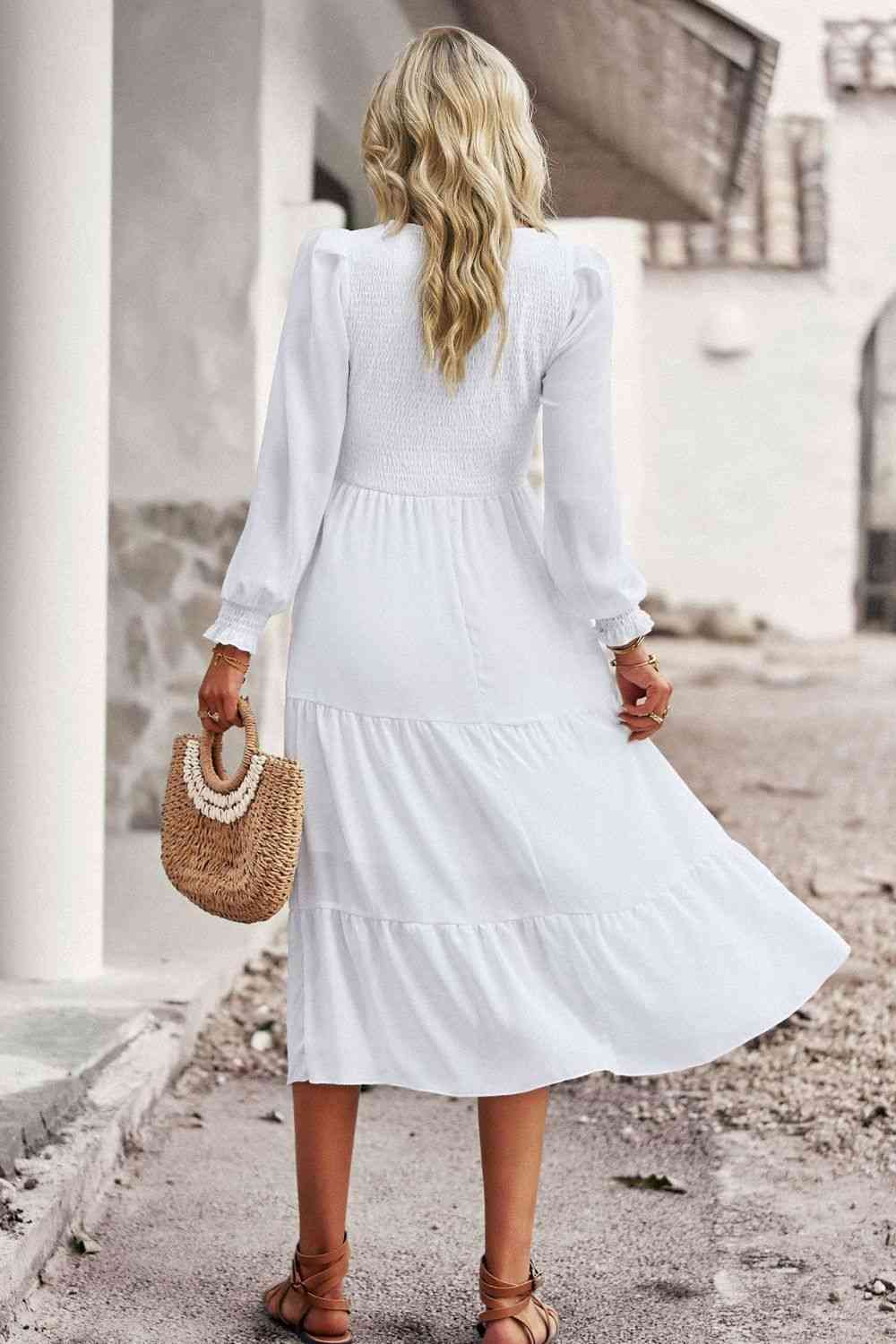 Smocked Round Neck Flounce Sleeve Midi Dress