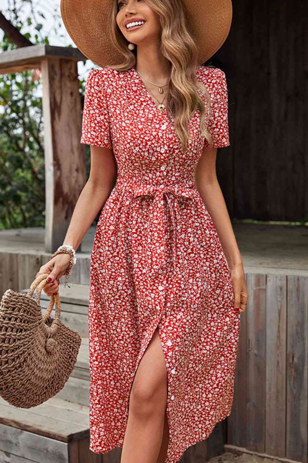 Ditsy Floral Button Front Tied Puff Sleeve Dress