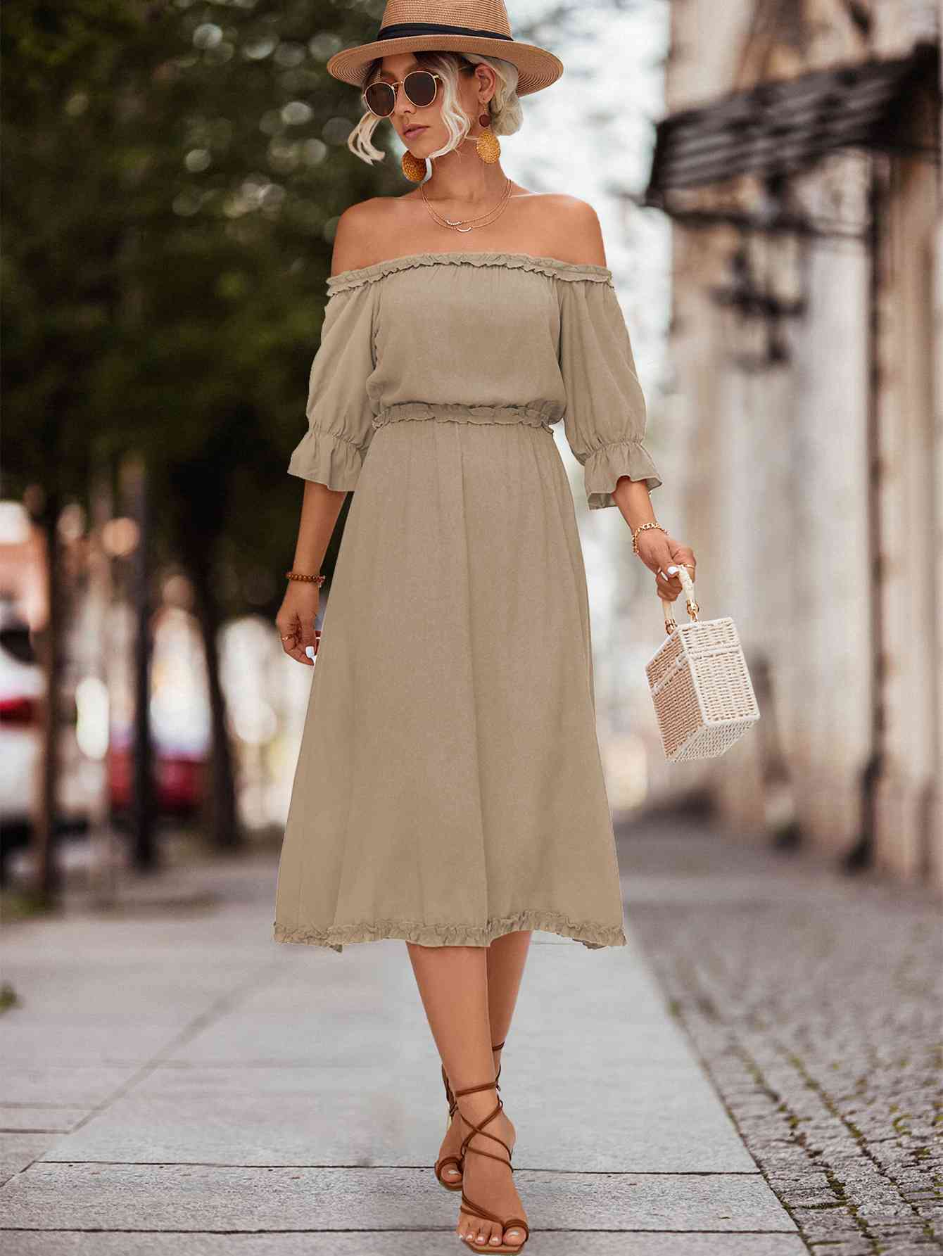 Frilled Off-Shoulder Flounce Sleeve Dress