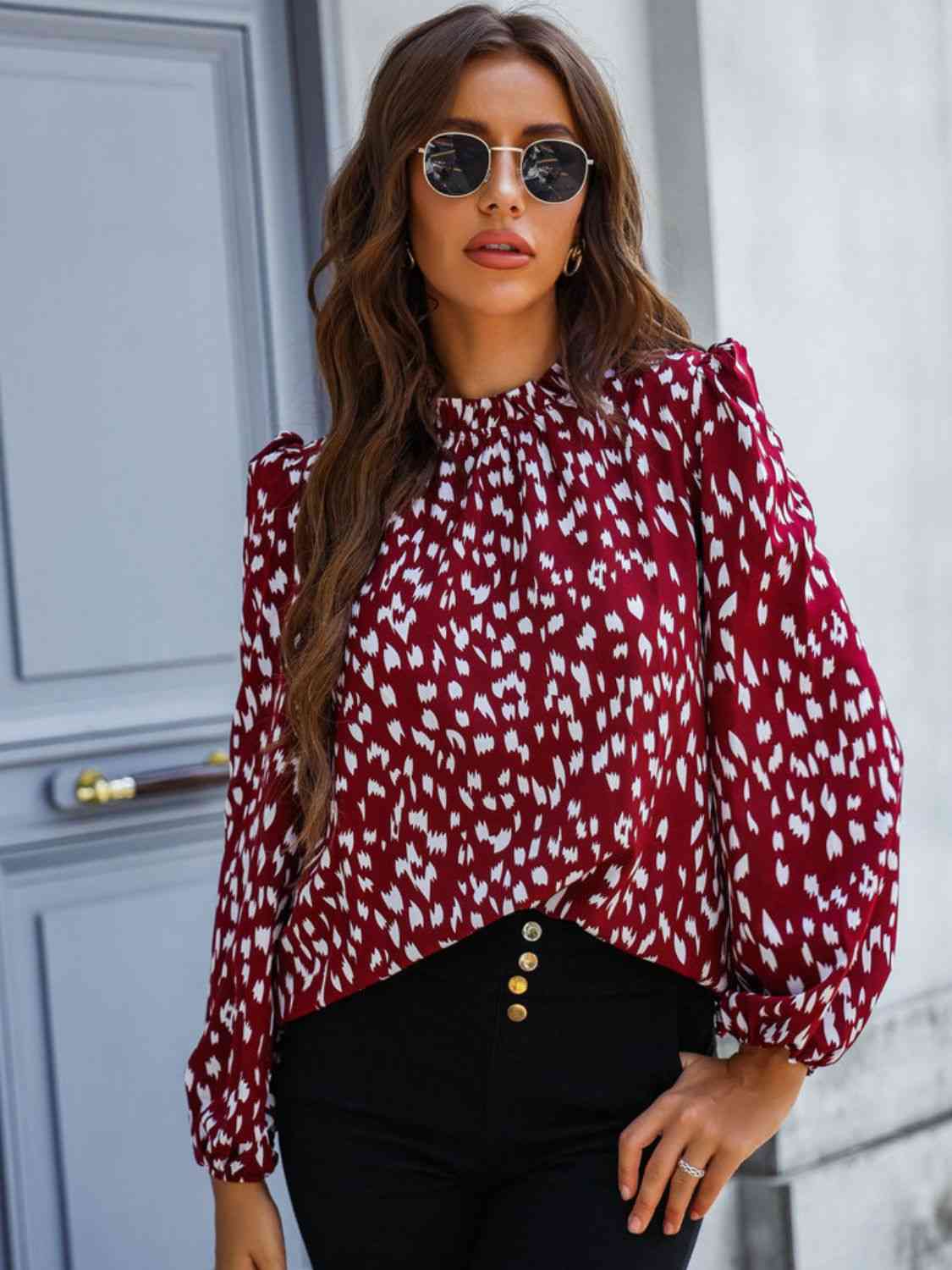 Printed Mock Neck Puff Sleeve Blouse