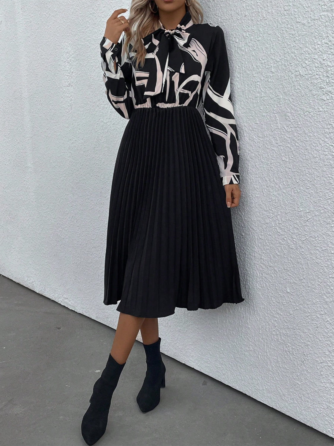 Tie Neck Long Sleeve Pleated Dress