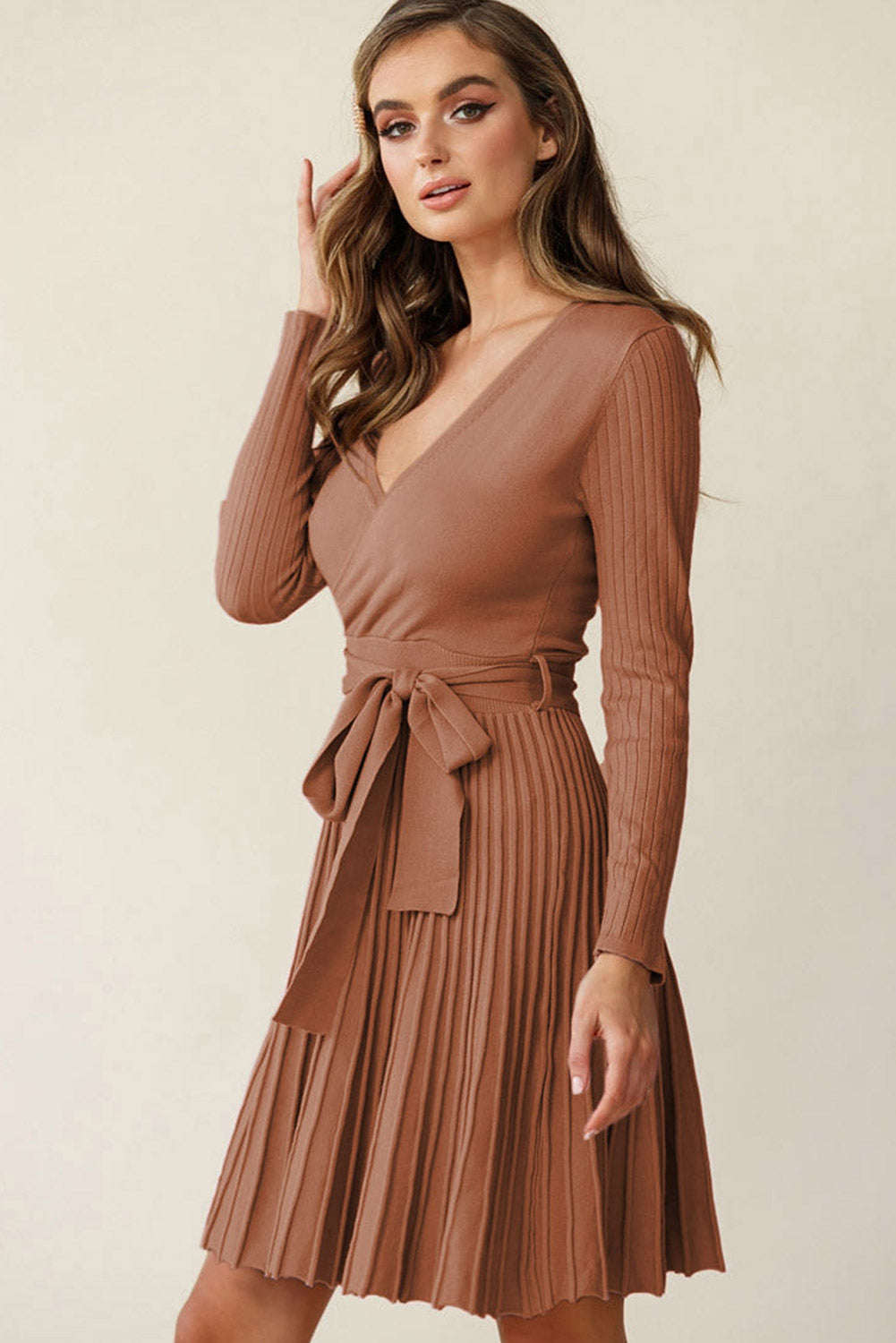 Surplice Neck Tie Waist Pleated Dress