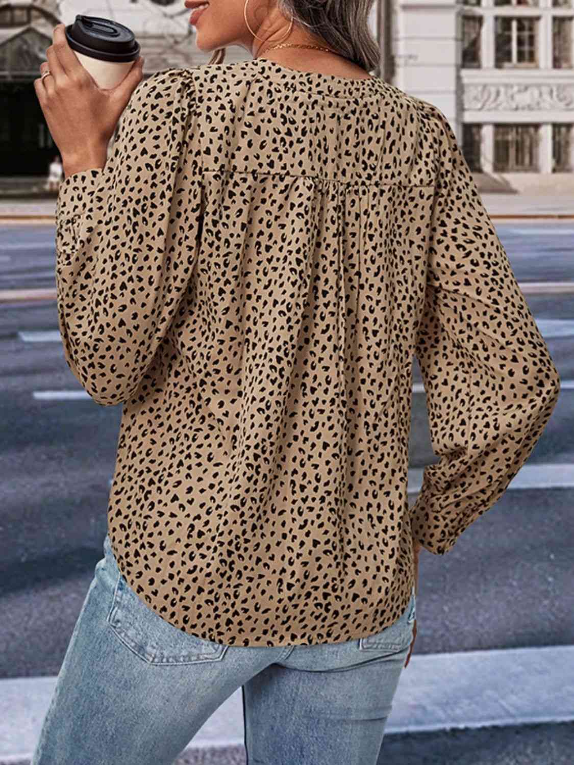 Leopard Notched Neck Puff Sleeve Blouse