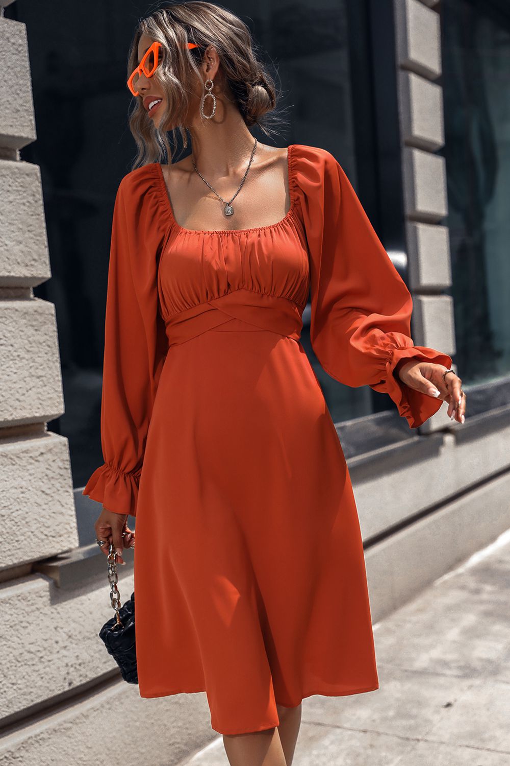 Square Neck Flounce Sleeve Midi Dress