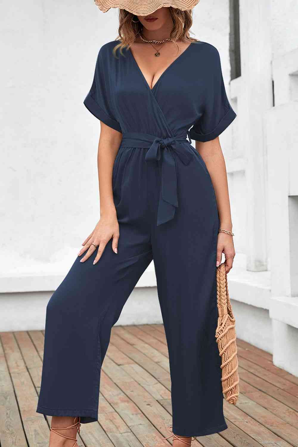 Tie Waist Surplice Wide Leg Jumpsuit