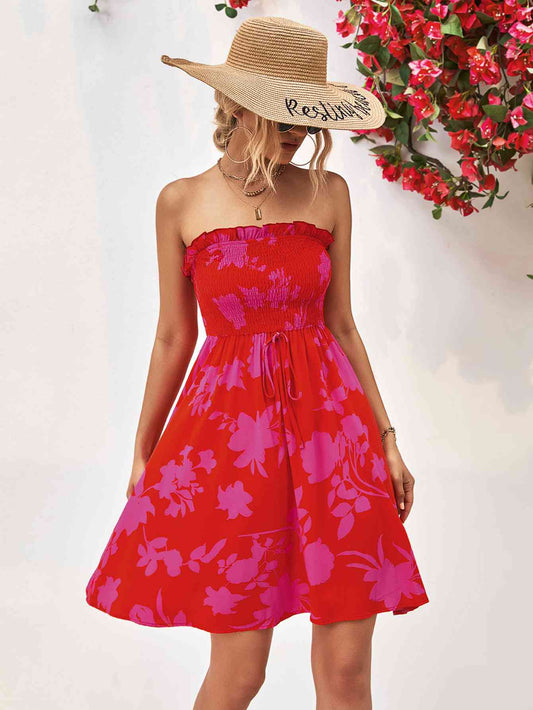 Floral Frill Trim Strapless Smocked Dress