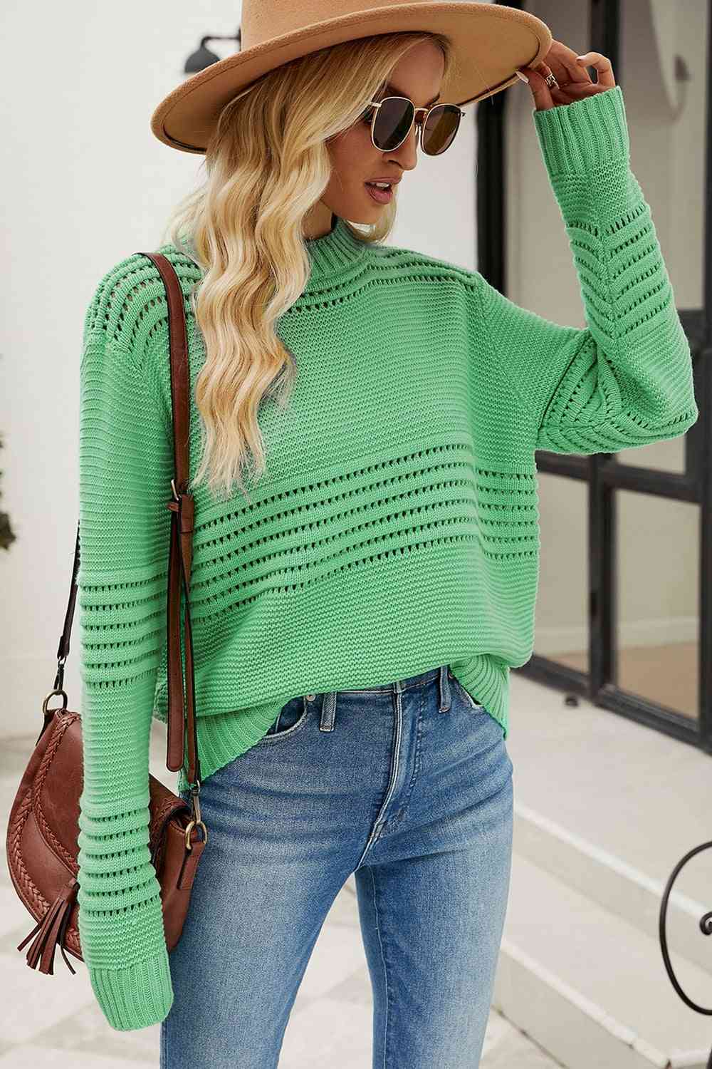 Round Neck Openwork Long Sleeve Pullover Sweater