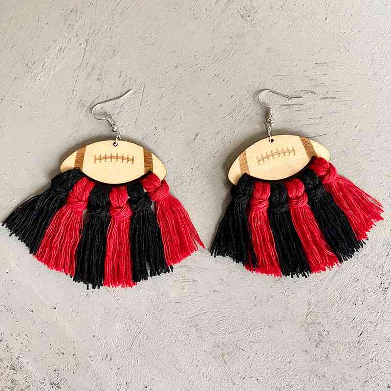 Fringe Detail Football Shape Wooden Dangle Earrings