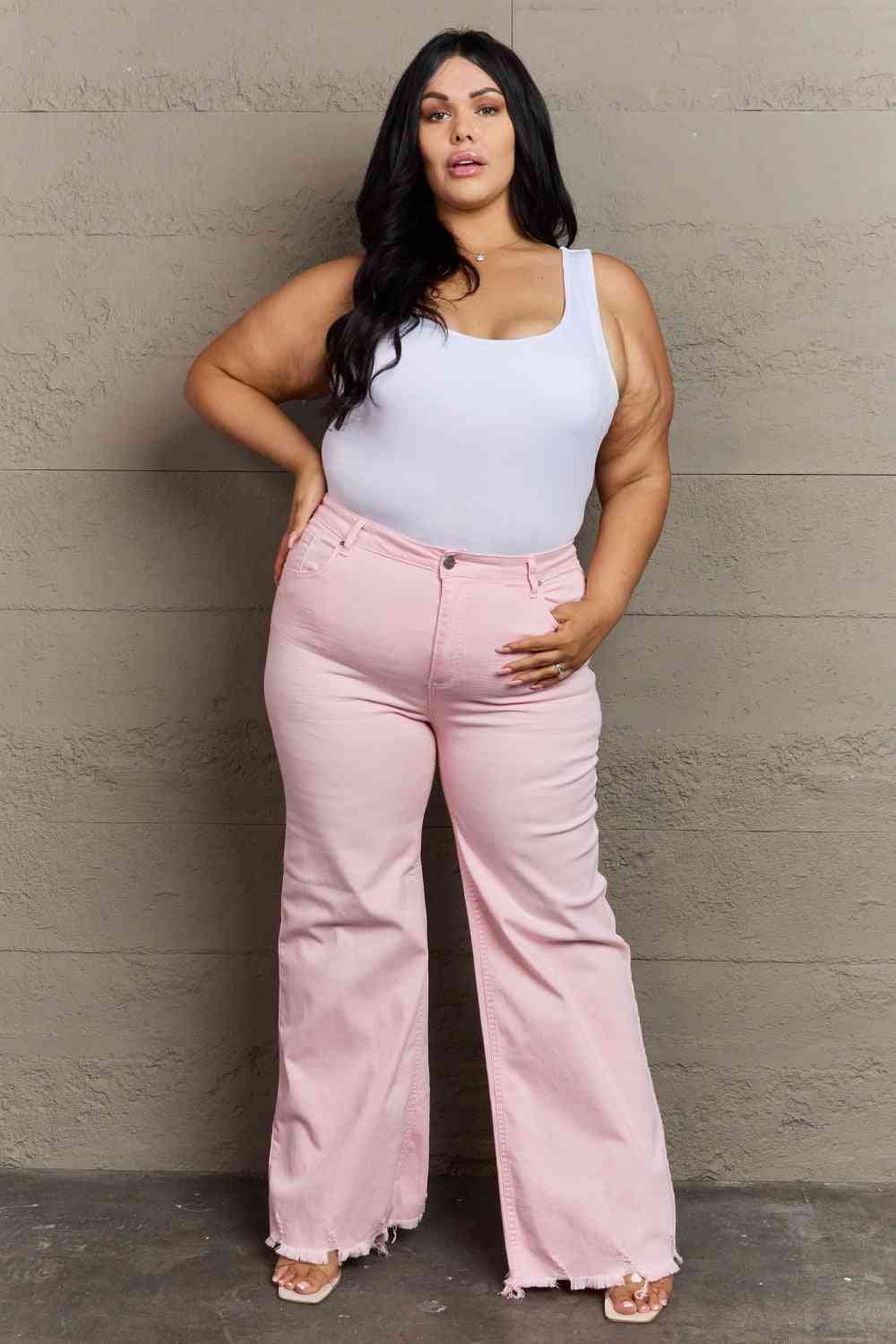 RISEN Raelene Full Size High Waist Wide Leg Jeans in Light Pink