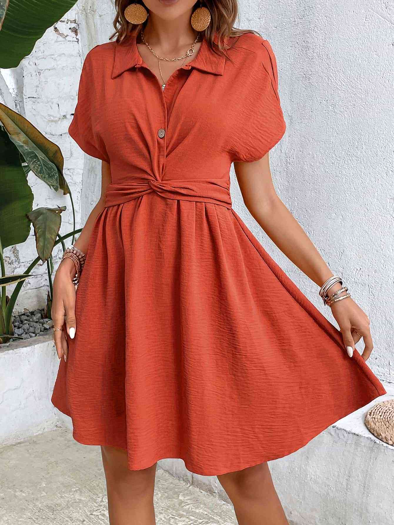 Collared Neck Short Sleeve Twisted Dress