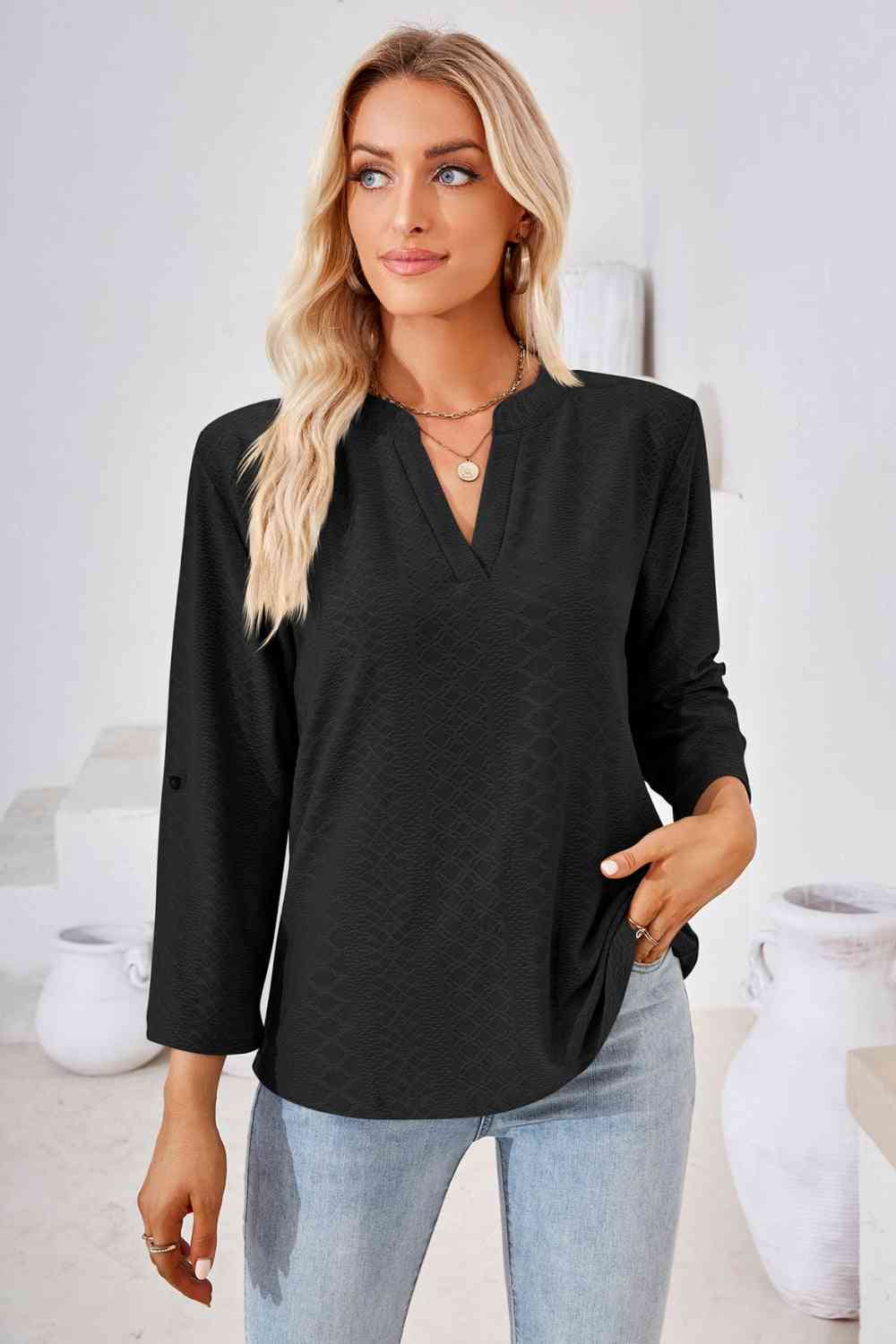 V-Neck Roll-Tap Sleeve Blouse