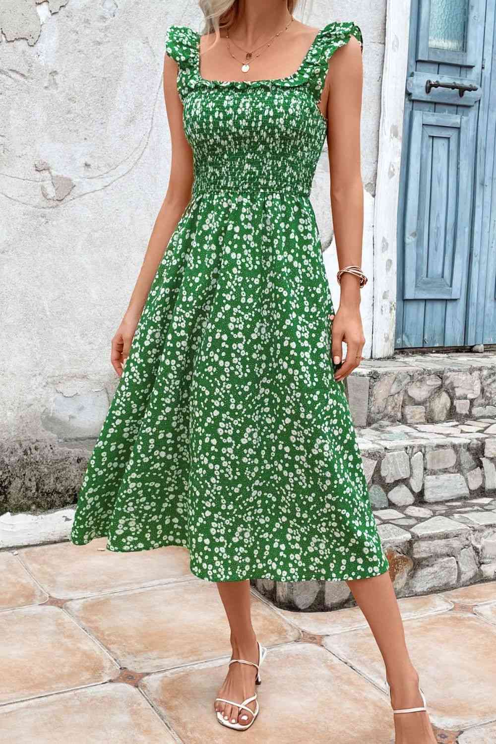 Printed Square Neck Ruffled Midi Dress