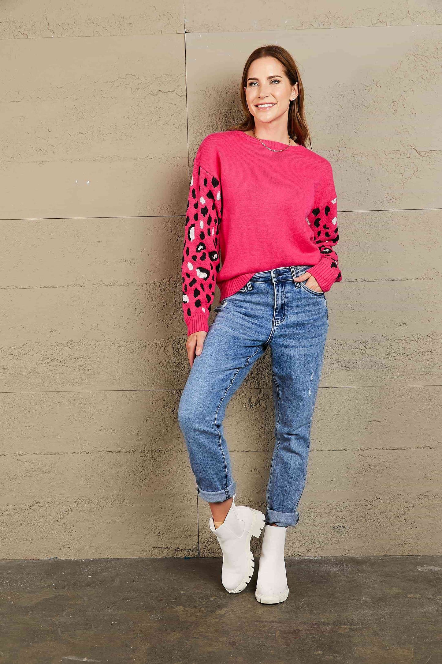 Woven Right Printed Dropped Shoulder Round Neck Sweater