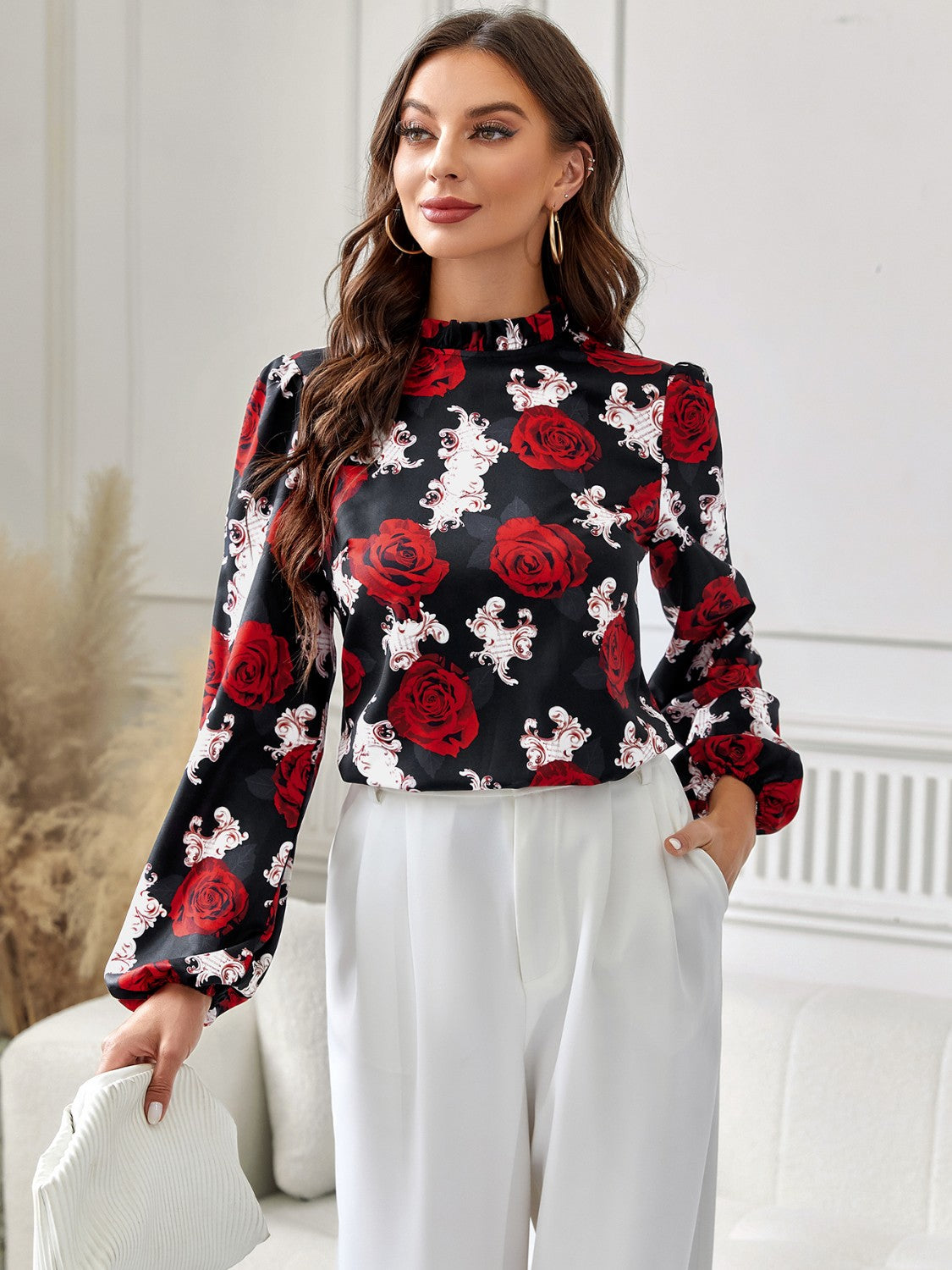 Floral Mock Neck Long Sleeve Blouse