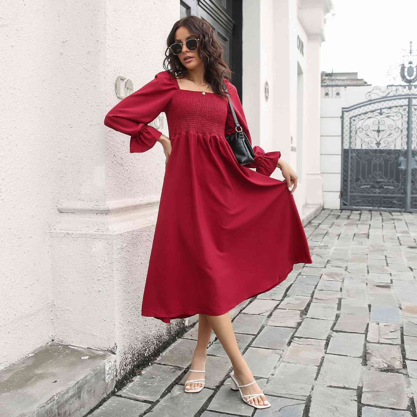 Smocked Square Neck Midi Dress